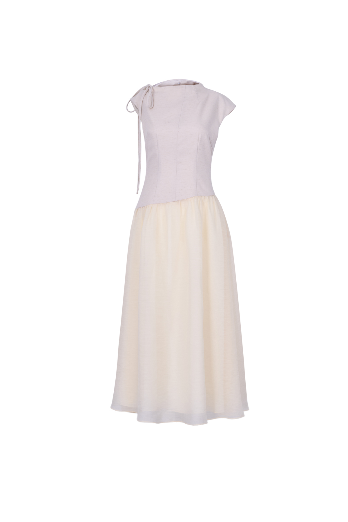 FDP33634 - Đầm dạo phố vải tơ kiểu phối dây nơ vai chờm thân váy phối ly bung tạo xoè khóa thân sau - JAN.