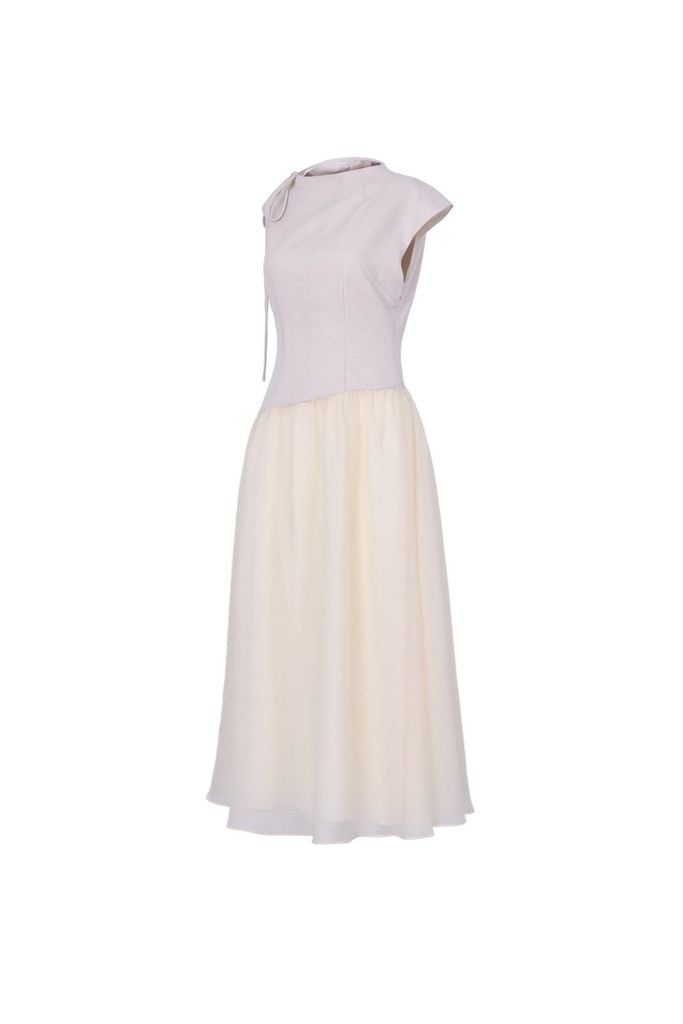 FDP33634 - Đầm dạo phố vải tơ kiểu phối dây nơ vai chờm thân váy phối ly bung tạo xoè khóa thân sau - JAN.