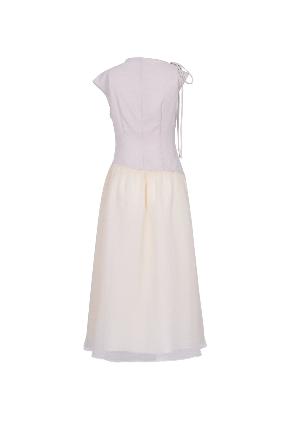 FDP33634 - Đầm dạo phố vải tơ kiểu phối dây nơ vai chờm thân váy phối ly bung tạo xoè khóa thân sau - JAN.