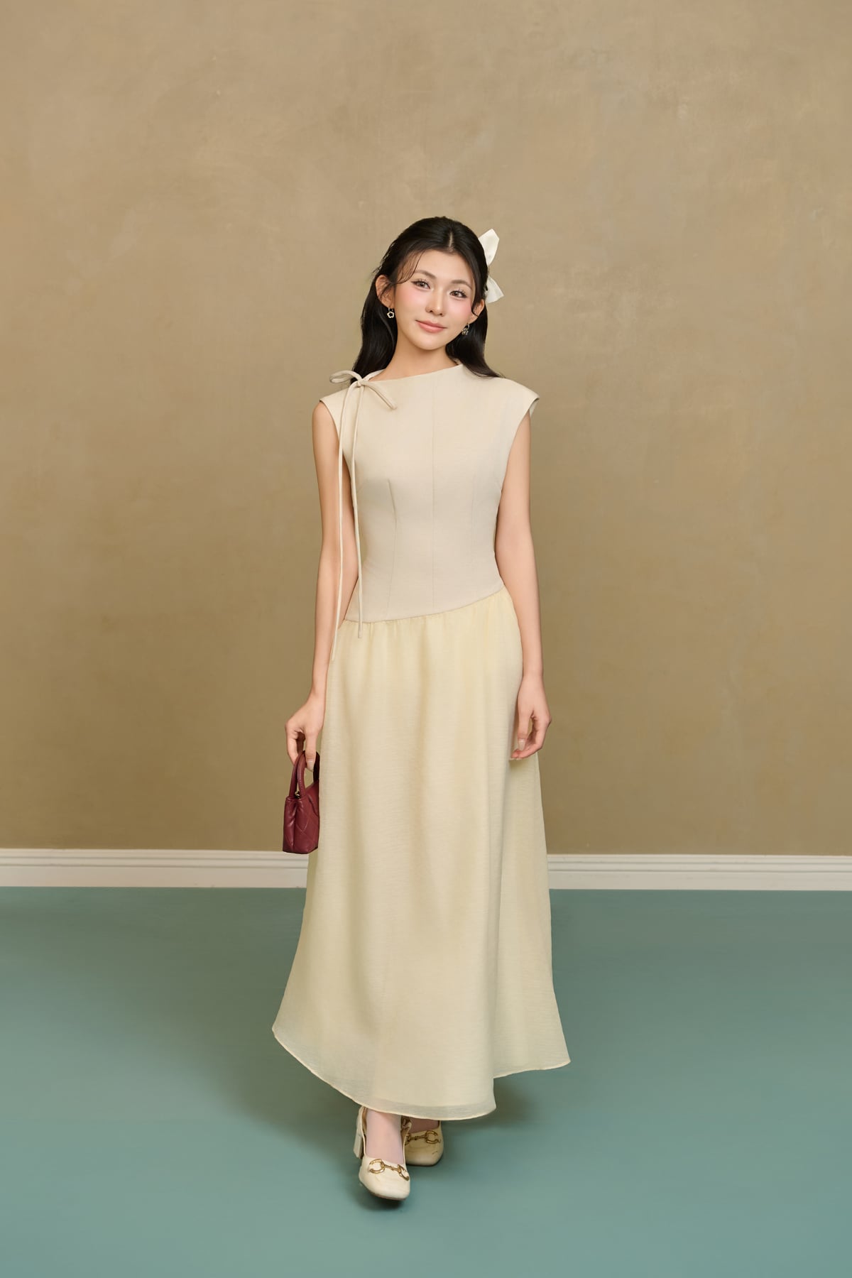 FDP33634 - Đầm dạo phố vải tơ kiểu phối dây nơ vai chờm thân váy phối ly bung tạo xoè khóa thân sau - JAN.