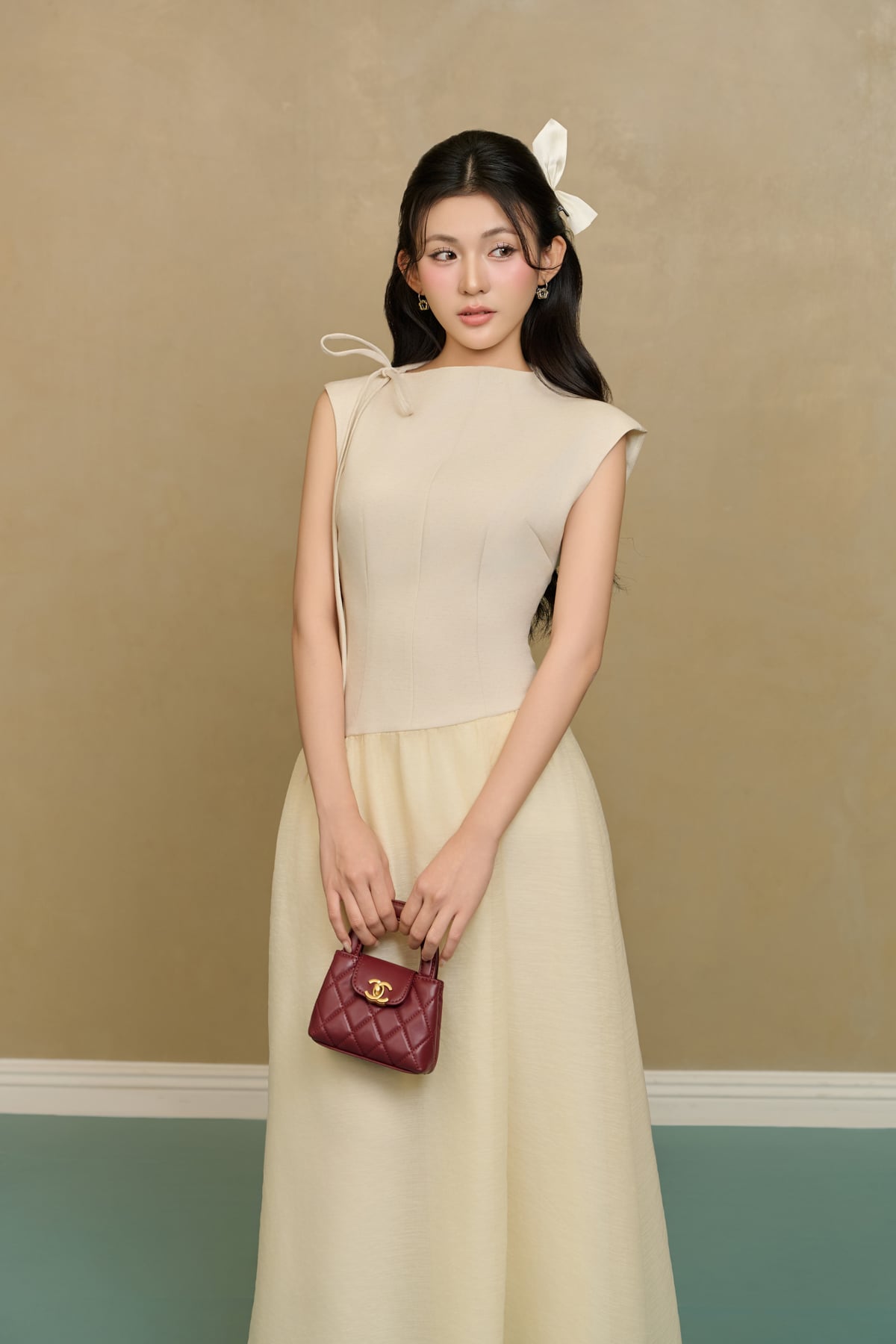 FDP33634 - Đầm dạo phố vải tơ kiểu phối dây nơ vai chờm thân váy phối ly bung tạo xoè khóa thân sau - JAN.