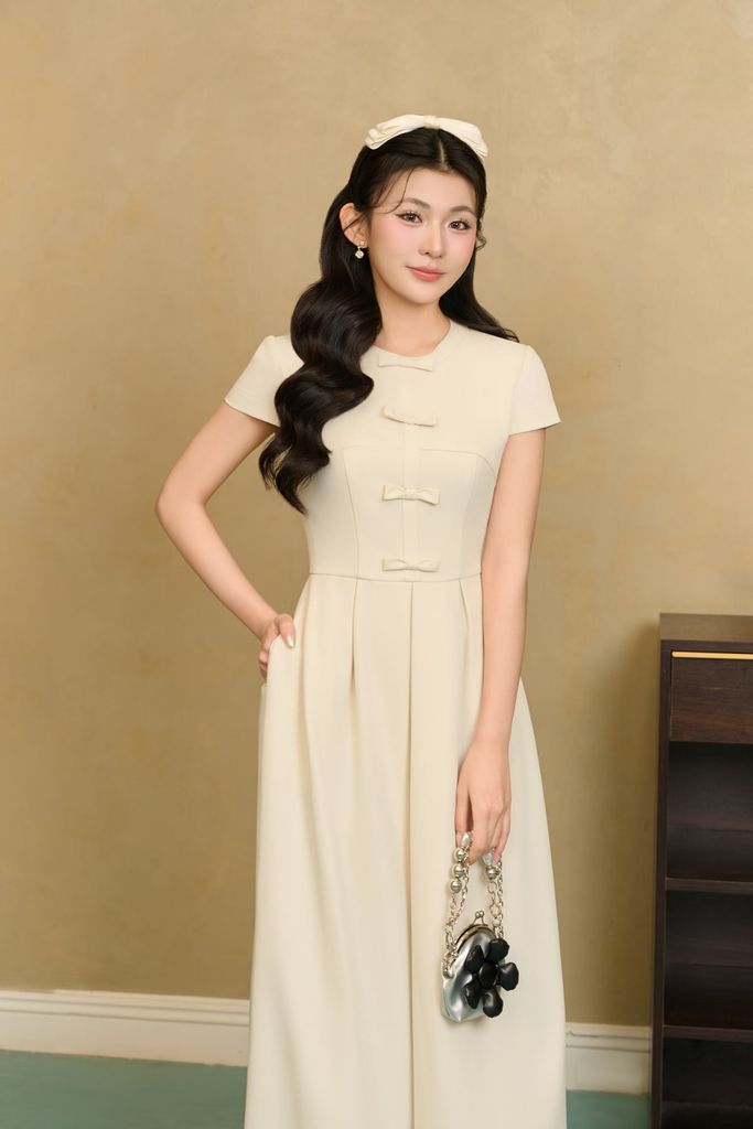FDP33641 - Đầm dạo phố vải thô dày dáng chữ A cổ tròn tay cộc thân váy đính nơ tạo kiểu khoá thân sau - JAN.
