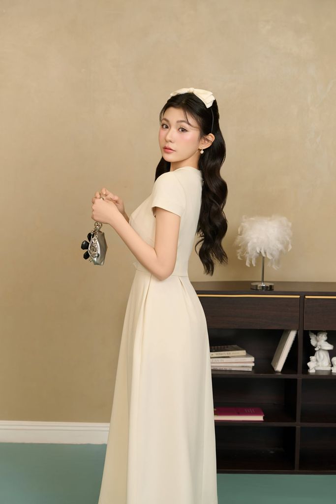 FDP33641 - Đầm dạo phố vải thô dày dáng chữ A cổ tròn tay cộc thân váy đính nơ tạo kiểu khoá thân sau - JAN.