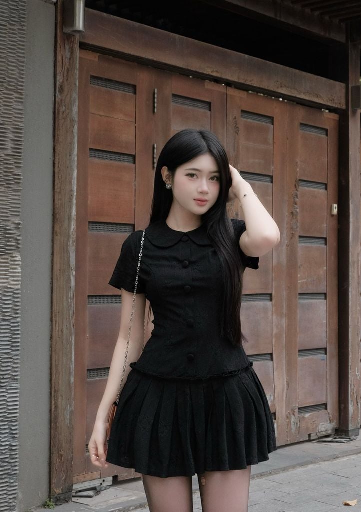 FDP33646 - Đầm dạo phố vải thô chun dáng ôm cổ bẻ tay ngắn ngực phối nơ thân váy xếp ly bung tạo kiểu khoá thân sau - JAN.