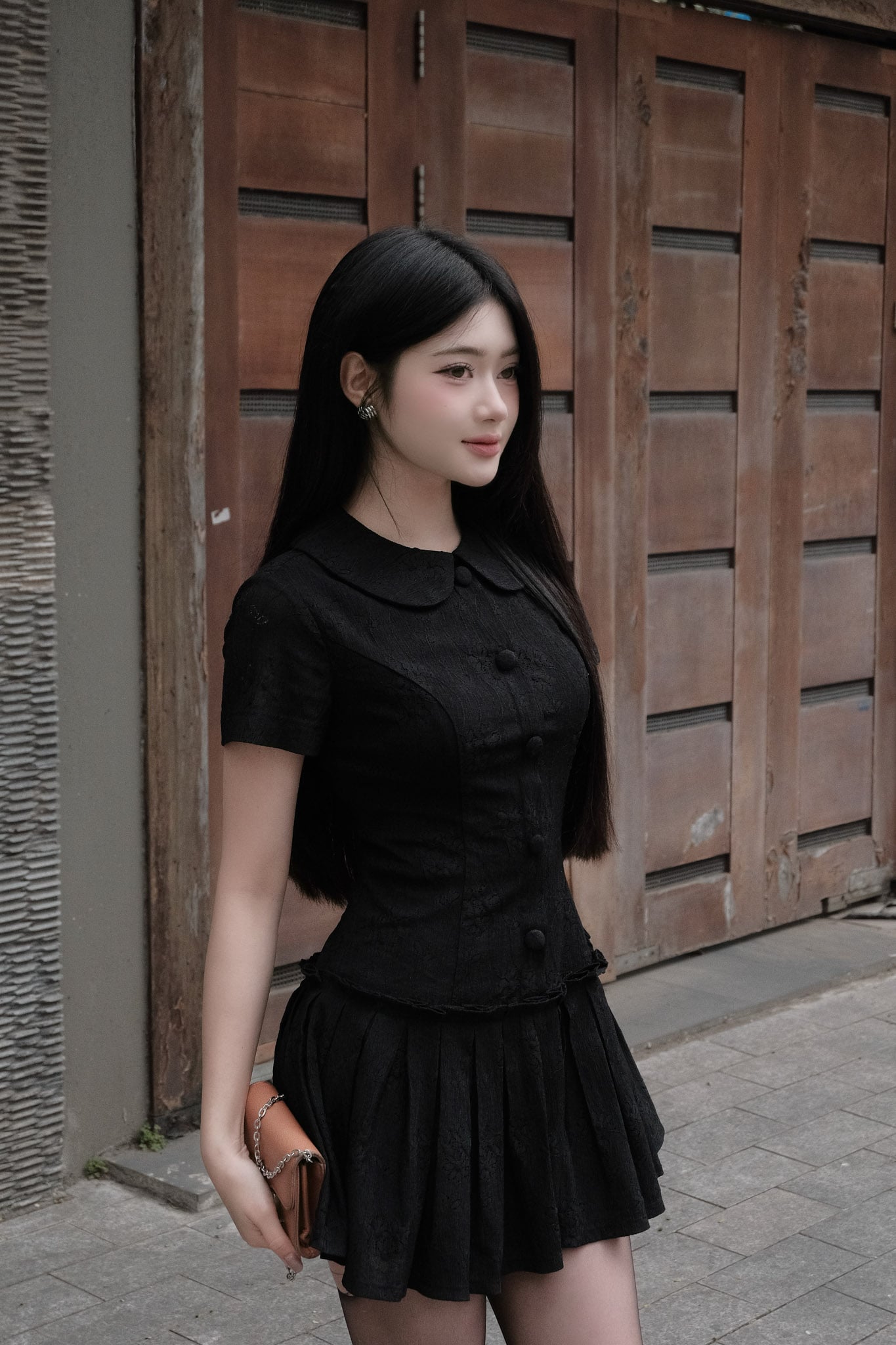 FDP33646 - Đầm dạo phố vải thô chun dáng ôm cổ bẻ tay ngắn ngực phối nơ thân váy xếp ly bung tạo kiểu khoá thân sau - JAN.