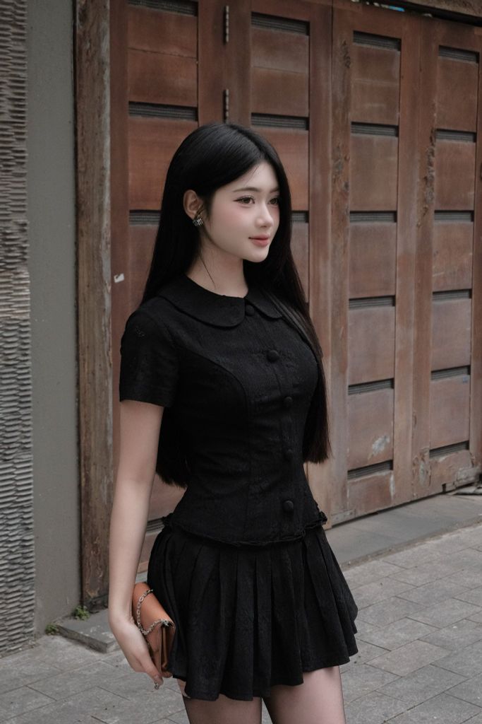 FDP33646 - Đầm dạo phố vải thô chun dáng ôm cổ bẻ tay ngắn ngực phối nơ thân váy xếp ly bung tạo kiểu khoá thân sau - JAN.