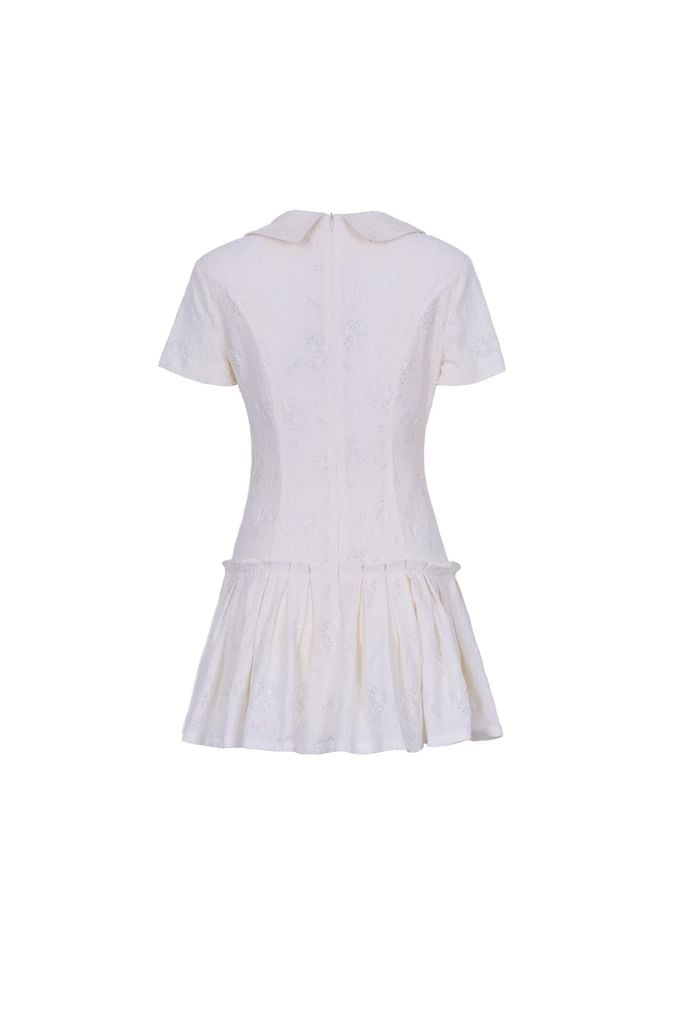 FDP33646 - Đầm dạo phố vải thô chun dáng ôm cổ bẻ tay ngắn ngực phối nơ thân váy xếp ly bung tạo kiểu khoá thân sau - JAN.