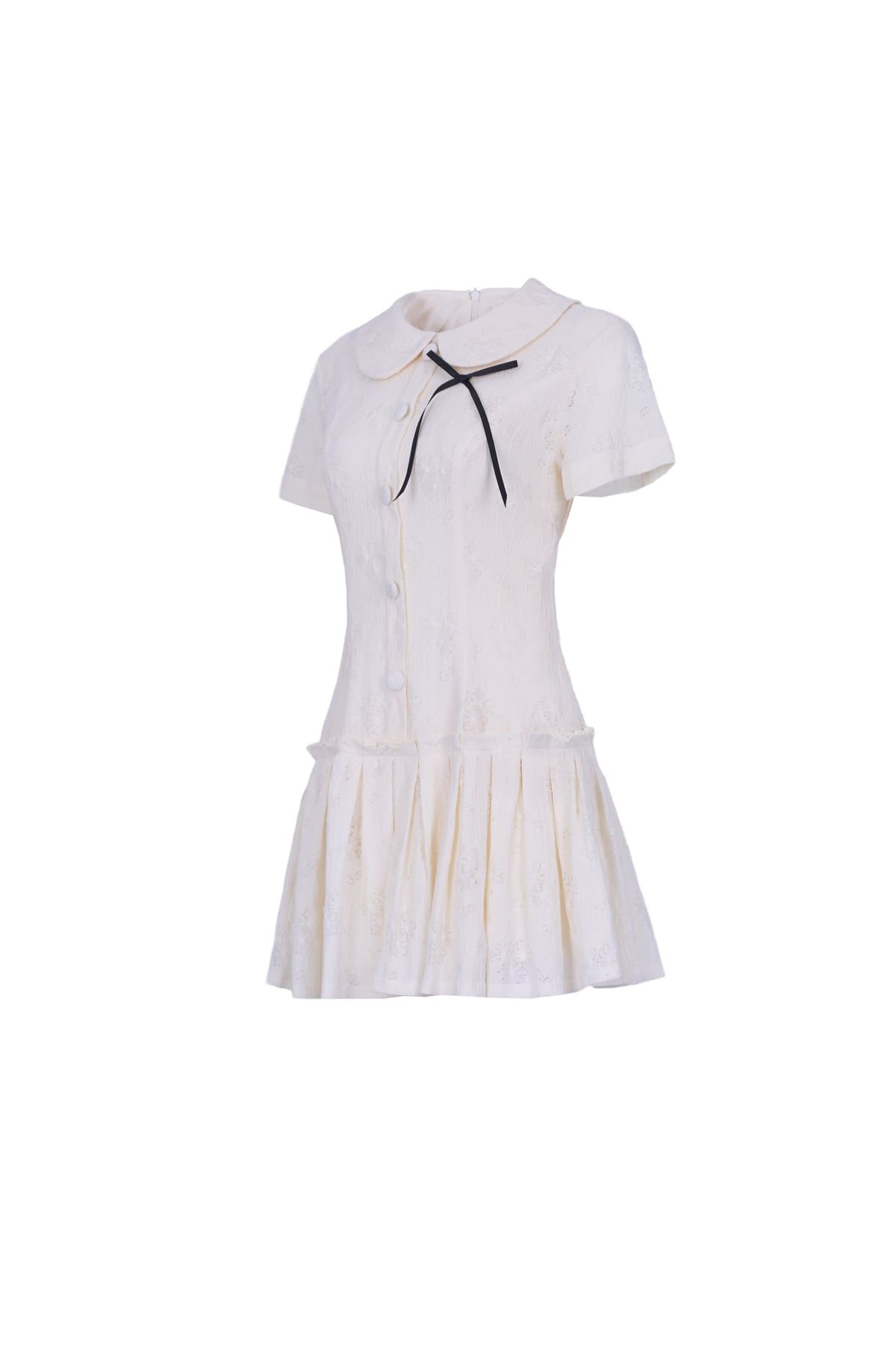 FDP33646 - Đầm dạo phố vải thô chun dáng ôm cổ bẻ tay ngắn ngực phối nơ thân váy xếp ly bung tạo kiểu khoá thân sau - JAN.