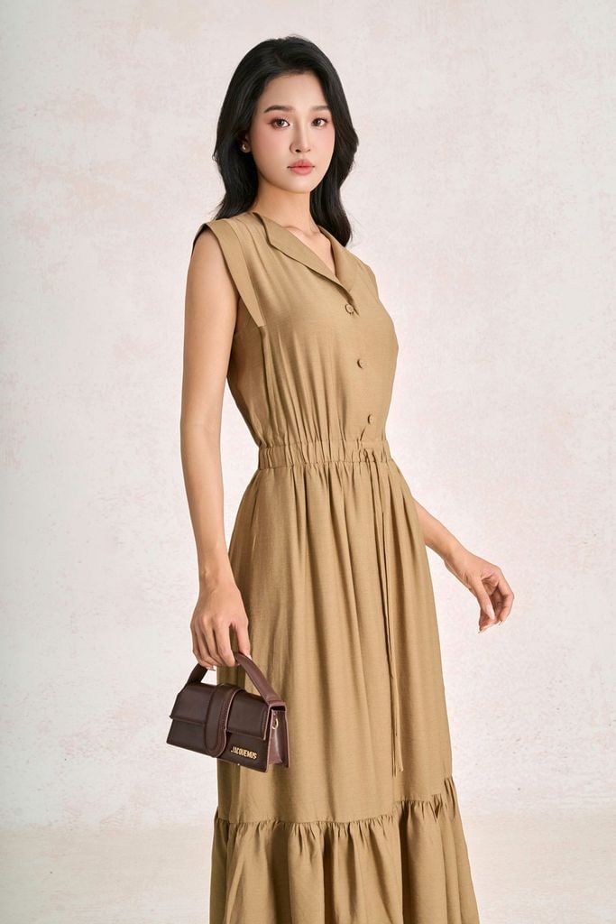 FDP33682 - Đầm dạo phố vải tơ dáng chữ A cổ bẻ tay chờm thân váy đính khuy bọc tạo kiểu eo bo chun ôm thời trang - PANTIO