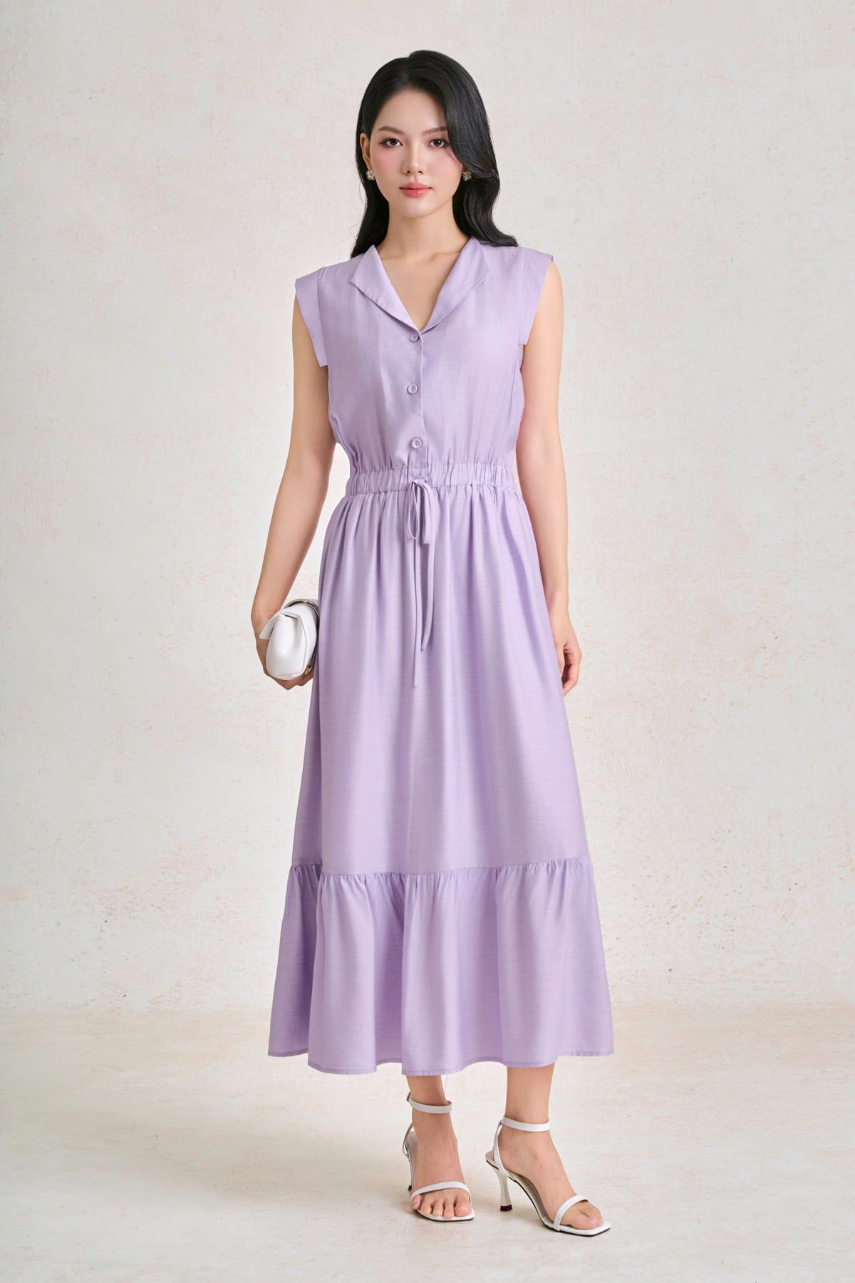 FDP33682 - Đầm dạo phố vải tơ dáng chữ A cổ bẻ tay chờm thân váy đính khuy bọc tạo kiểu eo bo chun ôm thời trang - PANTIO