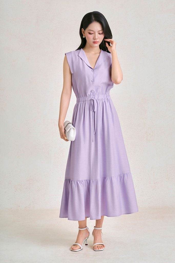 FDP33682 - Đầm dạo phố vải tơ dáng chữ A cổ bẻ tay chờm thân váy đính khuy bọc tạo kiểu eo bo chun ôm thời trang - PANTIO