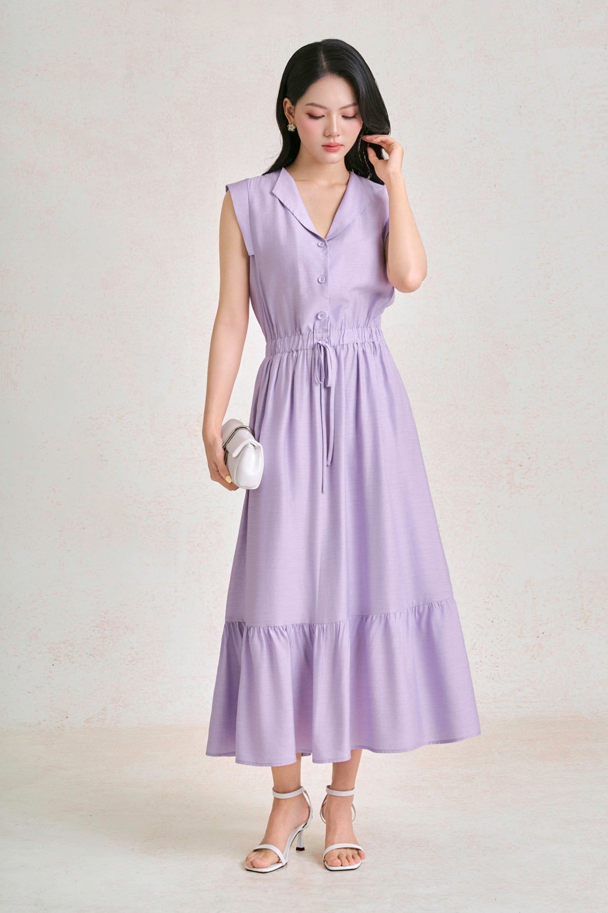 FDP33682 - Đầm dạo phố vải tơ dáng chữ A cổ bẻ tay chờm thân váy đính khuy bọc tạo kiểu eo bo chun ôm thời trang - PANTIO