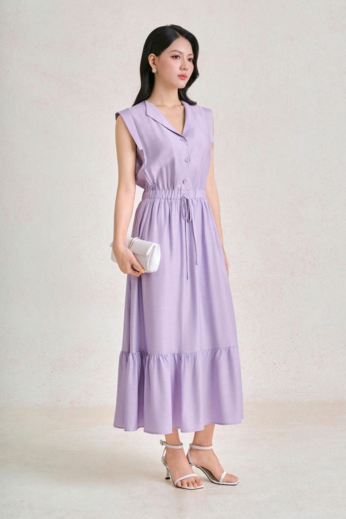 FDP33682 - Đầm dạo phố vải tơ dáng chữ A cổ bẻ tay chờm thân váy đính khuy bọc tạo kiểu eo bo chun ôm thời trang - PANTIO