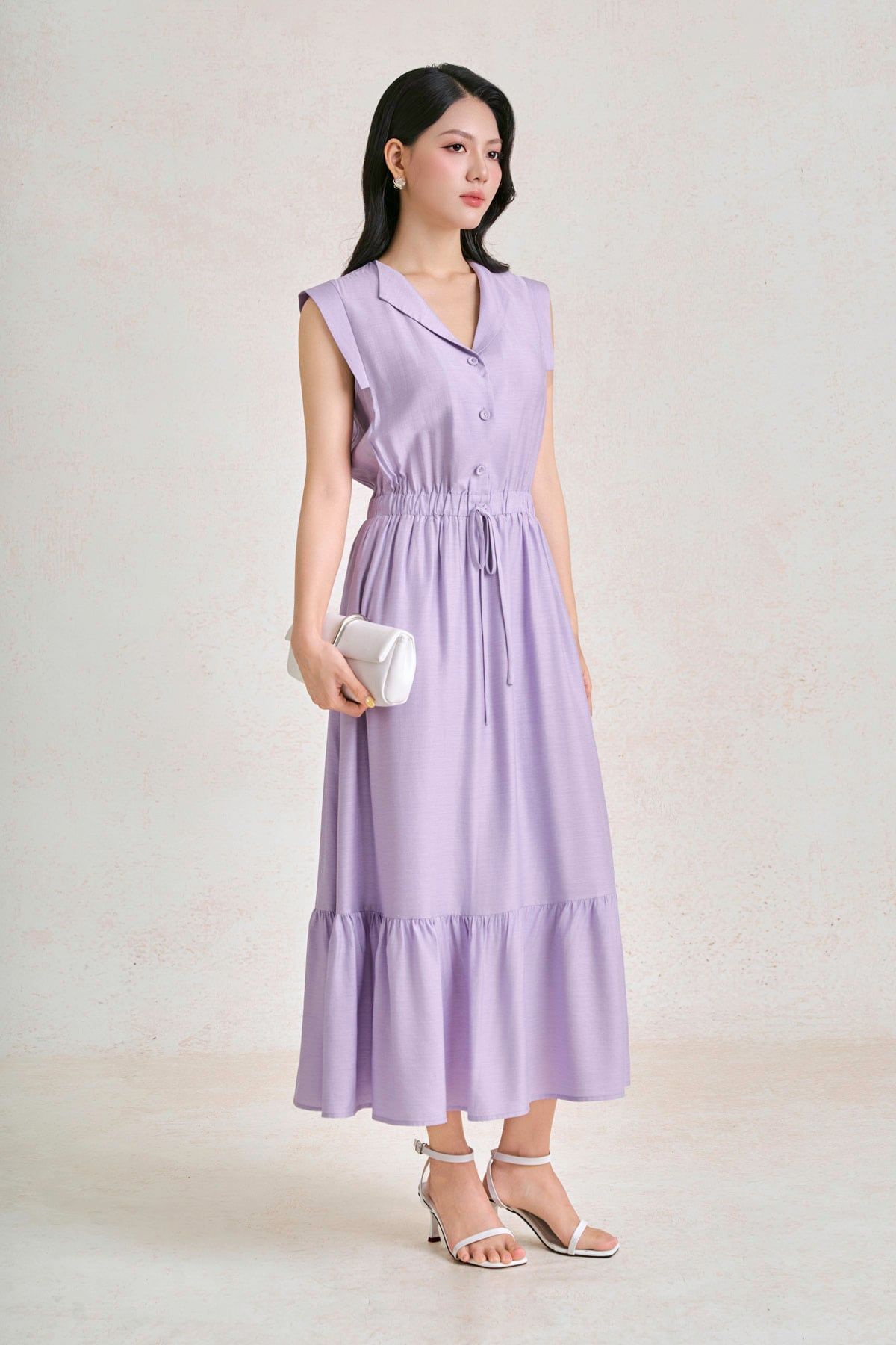 FDP33682 - Đầm dạo phố vải tơ dáng chữ A cổ bẻ tay chờm thân váy đính khuy bọc tạo kiểu eo bo chun ôm thời trang - PANTIO
