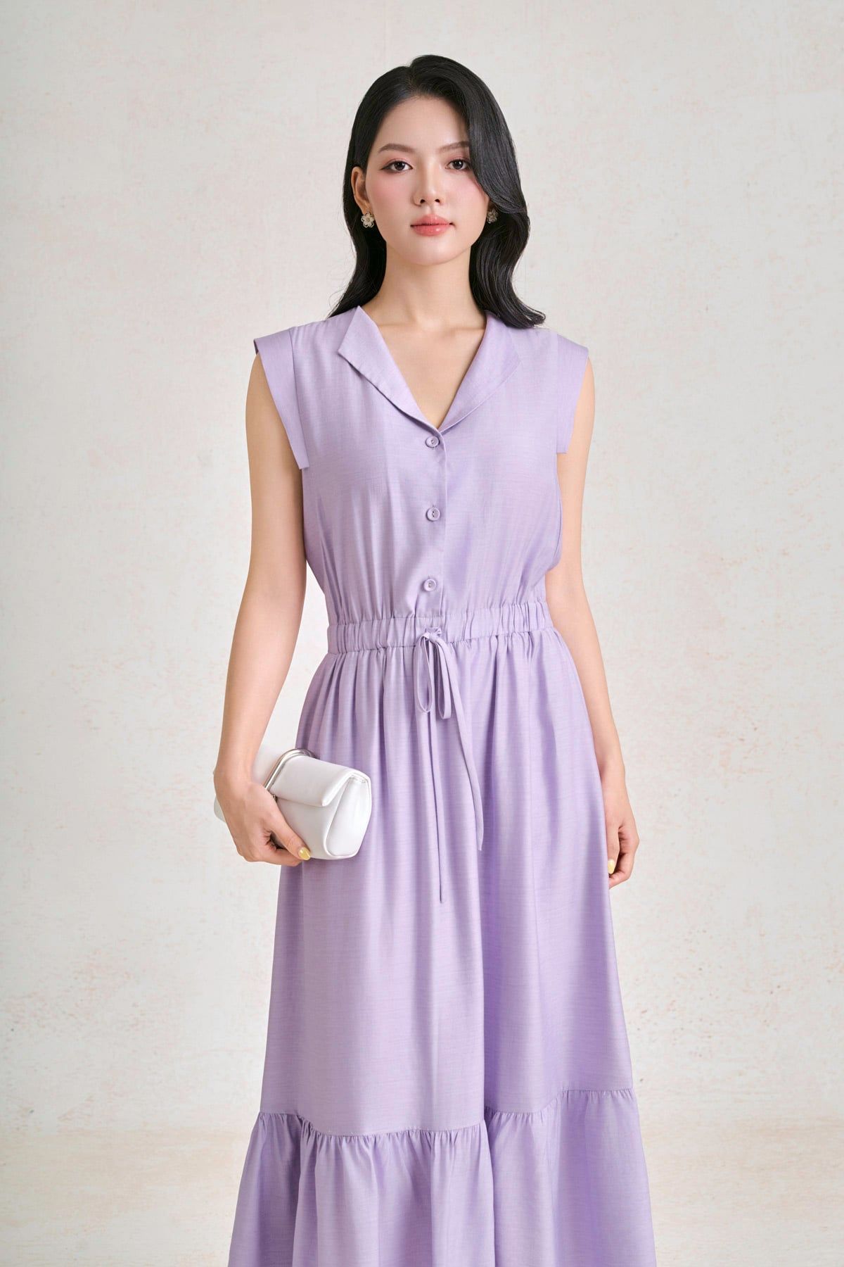 FDP33682 - Đầm dạo phố vải tơ dáng chữ A cổ bẻ tay chờm thân váy đính khuy bọc tạo kiểu eo bo chun ôm thời trang - PANTIO