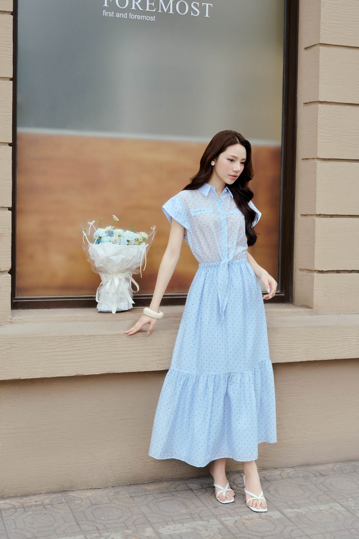 FDP33683 - Đầm dạo phố vải tơ nhăn dáng xoè cổ bẻ tay chờm eo váy bo chun ôm phối vạt thắt tạo kiểu - PANTIO