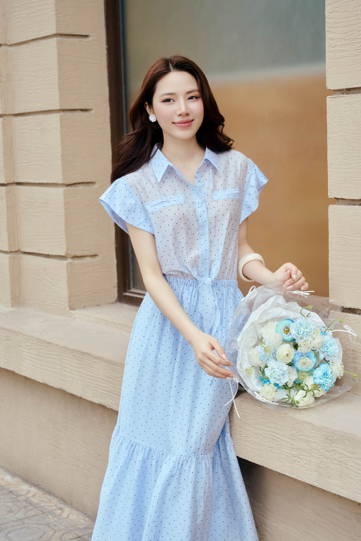 FDP33683 - Đầm dạo phố vải tơ nhăn dáng xoè cổ bẻ tay chờm eo váy bo chun ôm phối vạt thắt tạo kiểu - PANTIO