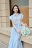 FDP33683 - tylekeo88 tv vải tơ nhăn dáng xoè cổ bẻ tay chờm eo váy bo chun ôm phối vạt thắt tạo kiểu - tỷ lệ kèo 8899