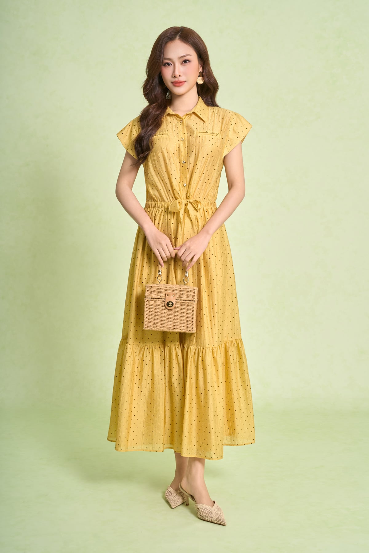 FDP33683 - Đầm dạo phố vải tơ nhăn dáng xoè cổ bẻ tay chờm eo váy bo chun ôm phối vạt thắt tạo kiểu - PANTIO