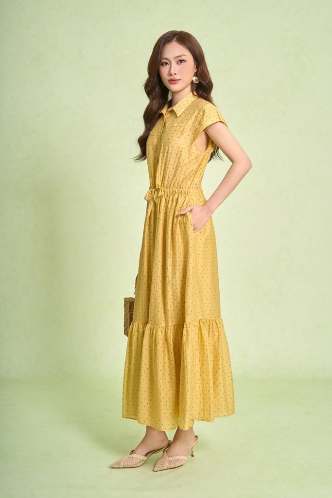 FDP33683 - Đầm dạo phố vải tơ nhăn dáng xoè cổ bẻ tay chờm eo váy bo chun ôm phối vạt thắt tạo kiểu - PANTIO