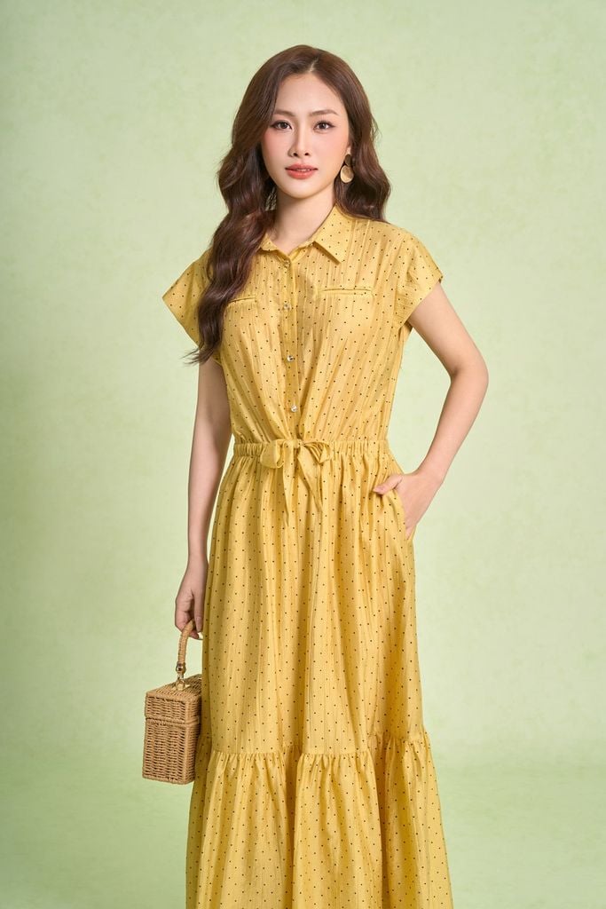 FDP33683 - Đầm dạo phố vải tơ nhăn dáng xoè cổ bẻ tay chờm eo váy bo chun ôm phối vạt thắt tạo kiểu - PANTIO