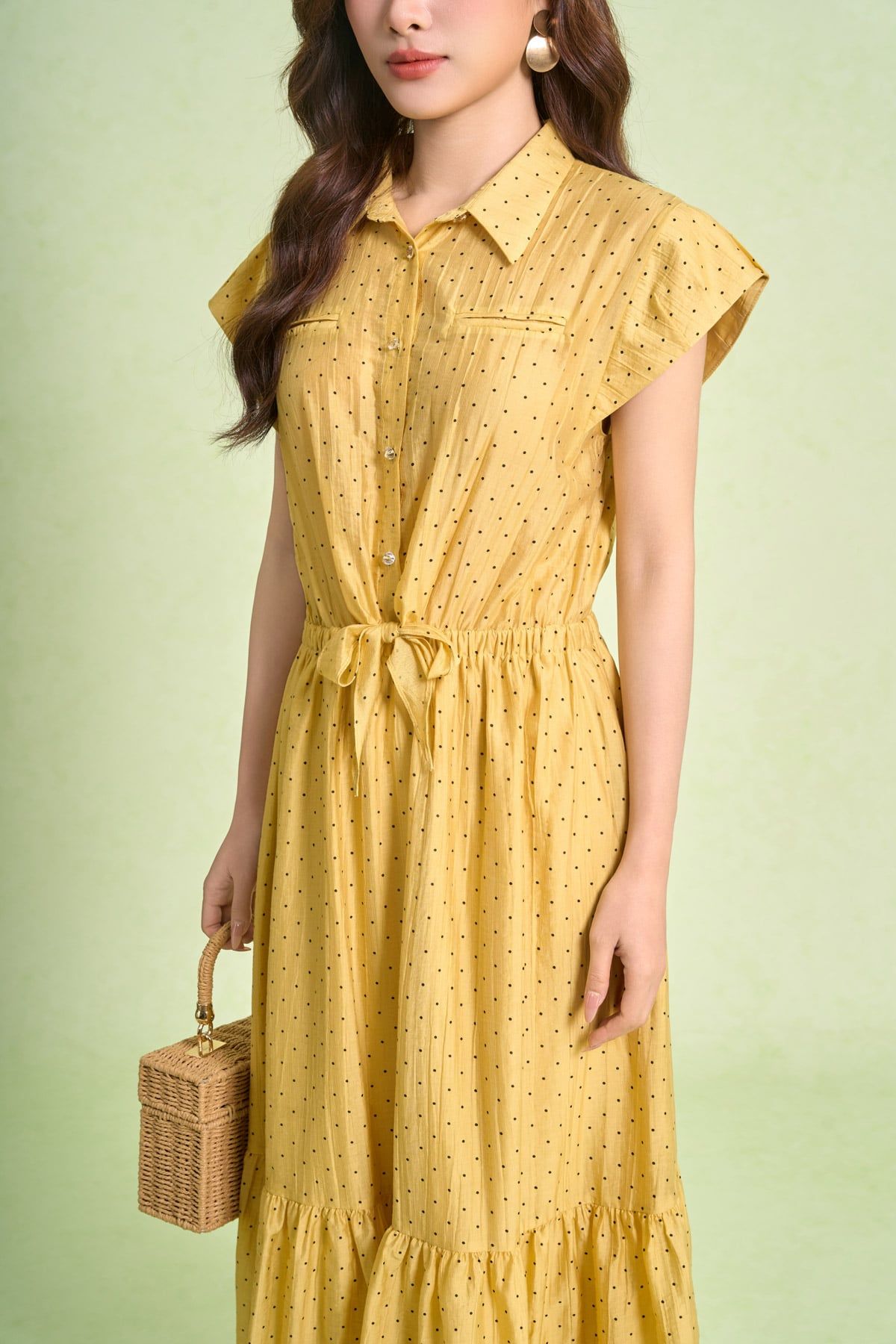 FDP33683 - Đầm dạo phố vải tơ nhăn dáng xoè cổ bẻ tay chờm eo váy bo chun ôm phối vạt thắt tạo kiểu - PANTIO