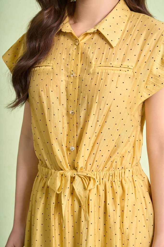 FDP33683 - Đầm dạo phố vải tơ nhăn dáng xoè cổ bẻ tay chờm eo váy bo chun ôm phối vạt thắt tạo kiểu - PANTIO