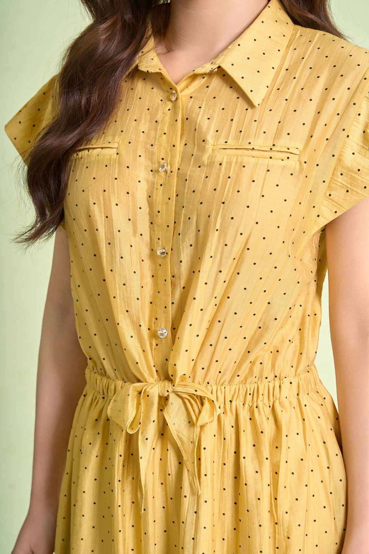 FDP33683 - Đầm dạo phố vải tơ nhăn dáng xoè cổ bẻ tay chờm eo váy bo chun ôm phối vạt thắt tạo kiểu - PANTIO