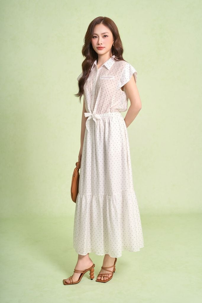 FDP33683 - Đầm dạo phố vải tơ nhăn dáng xoè cổ bẻ tay chờm eo váy bo chun ôm phối vạt thắt tạo kiểu - PANTIO