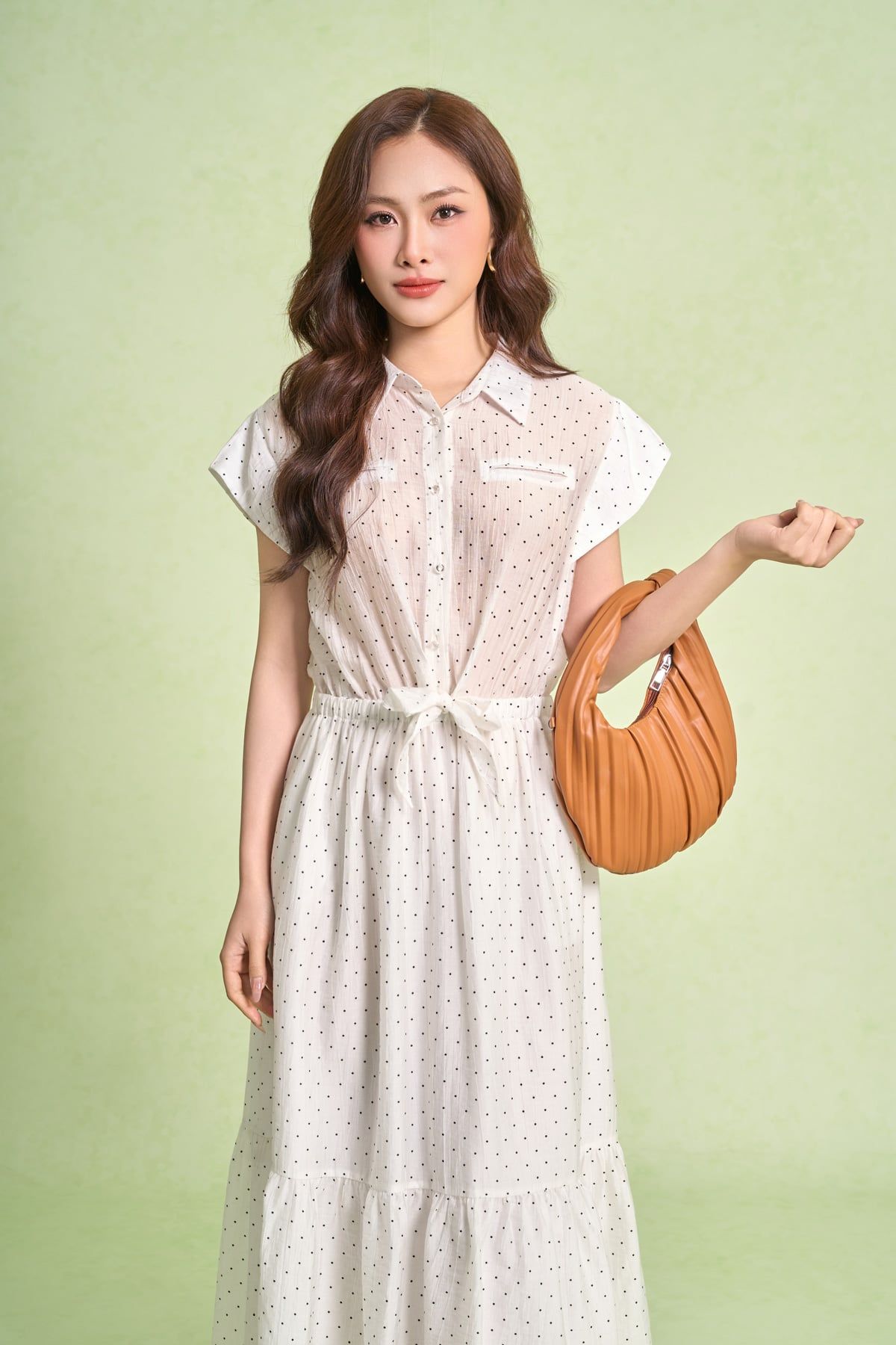 FDP33683 - Đầm dạo phố vải tơ nhăn dáng xoè cổ bẻ tay chờm eo váy bo chun ôm phối vạt thắt tạo kiểu - PANTIO