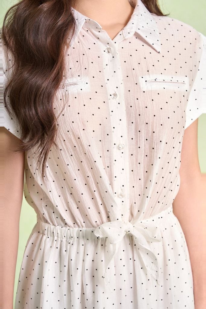 FDP33683 - Đầm dạo phố vải tơ nhăn dáng xoè cổ bẻ tay chờm eo váy bo chun ôm phối vạt thắt tạo kiểu - PANTIO