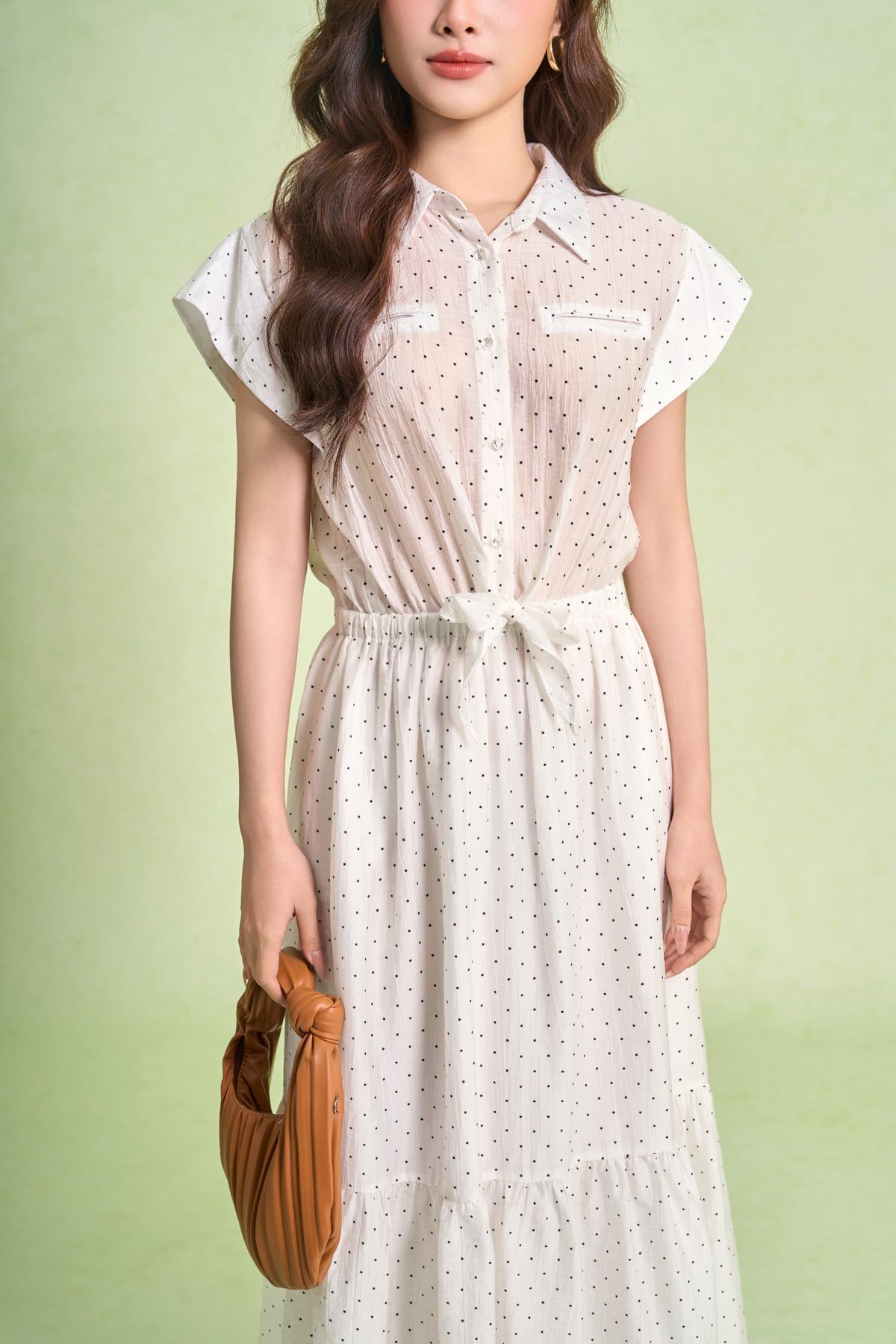 FDP33683 - Đầm dạo phố vải tơ nhăn dáng xoè cổ bẻ tay chờm eo váy bo chun ôm phối vạt thắt tạo kiểu - PANTIO