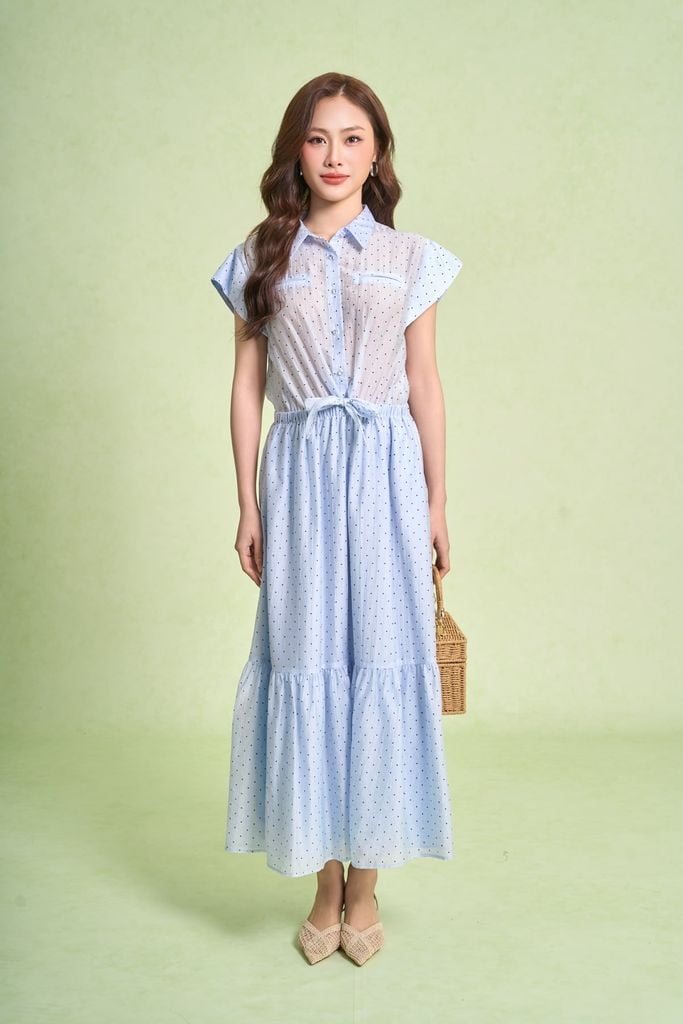 FDP33683 - Đầm dạo phố vải tơ nhăn dáng xoè cổ bẻ tay chờm eo váy bo chun ôm phối vạt thắt tạo kiểu - PANTIO