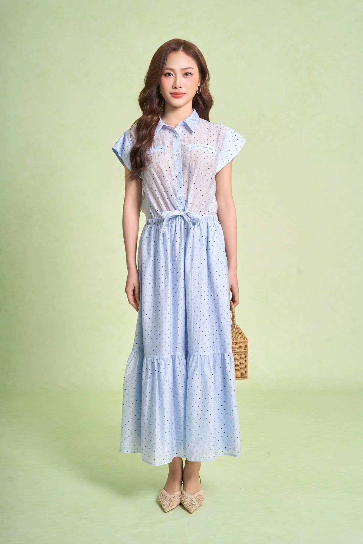 FDP33683 - Đầm dạo phố vải tơ nhăn dáng xoè cổ bẻ tay chờm eo váy bo chun ôm phối vạt thắt tạo kiểu - PANTIO