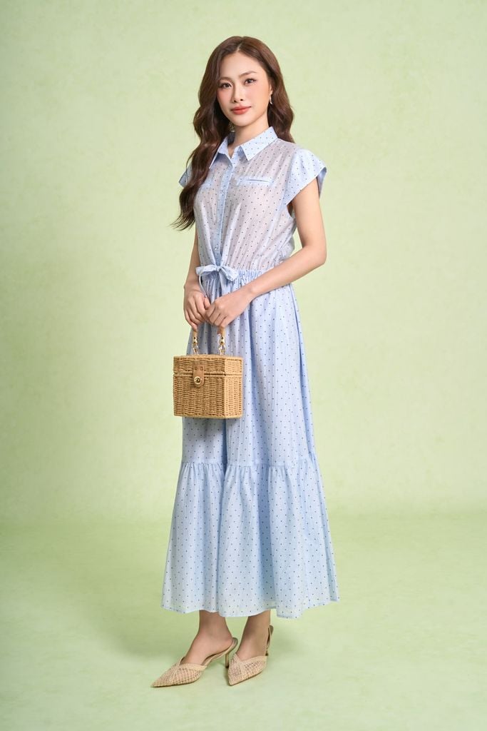 FDP33683 - Đầm dạo phố vải tơ nhăn dáng xoè cổ bẻ tay chờm eo váy bo chun ôm phối vạt thắt tạo kiểu - PANTIO