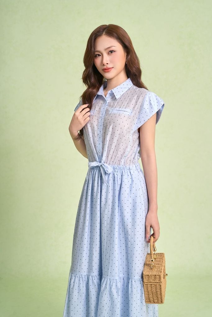 FDP33683 - Đầm dạo phố vải tơ nhăn dáng xoè cổ bẻ tay chờm eo váy bo chun ôm phối vạt thắt tạo kiểu - PANTIO