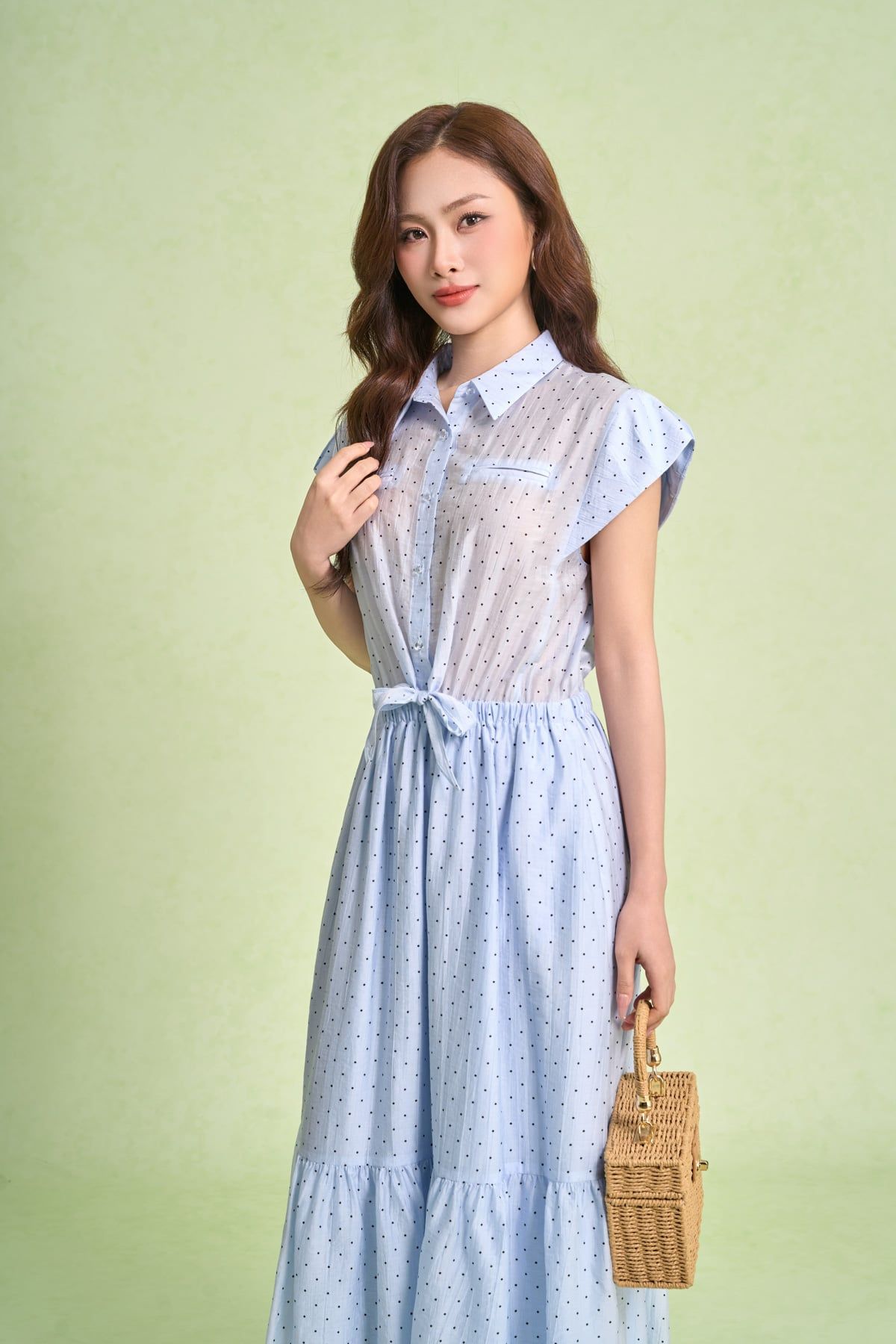 FDP33683 - Đầm dạo phố vải tơ nhăn dáng xoè cổ bẻ tay chờm eo váy bo chun ôm phối vạt thắt tạo kiểu - PANTIO