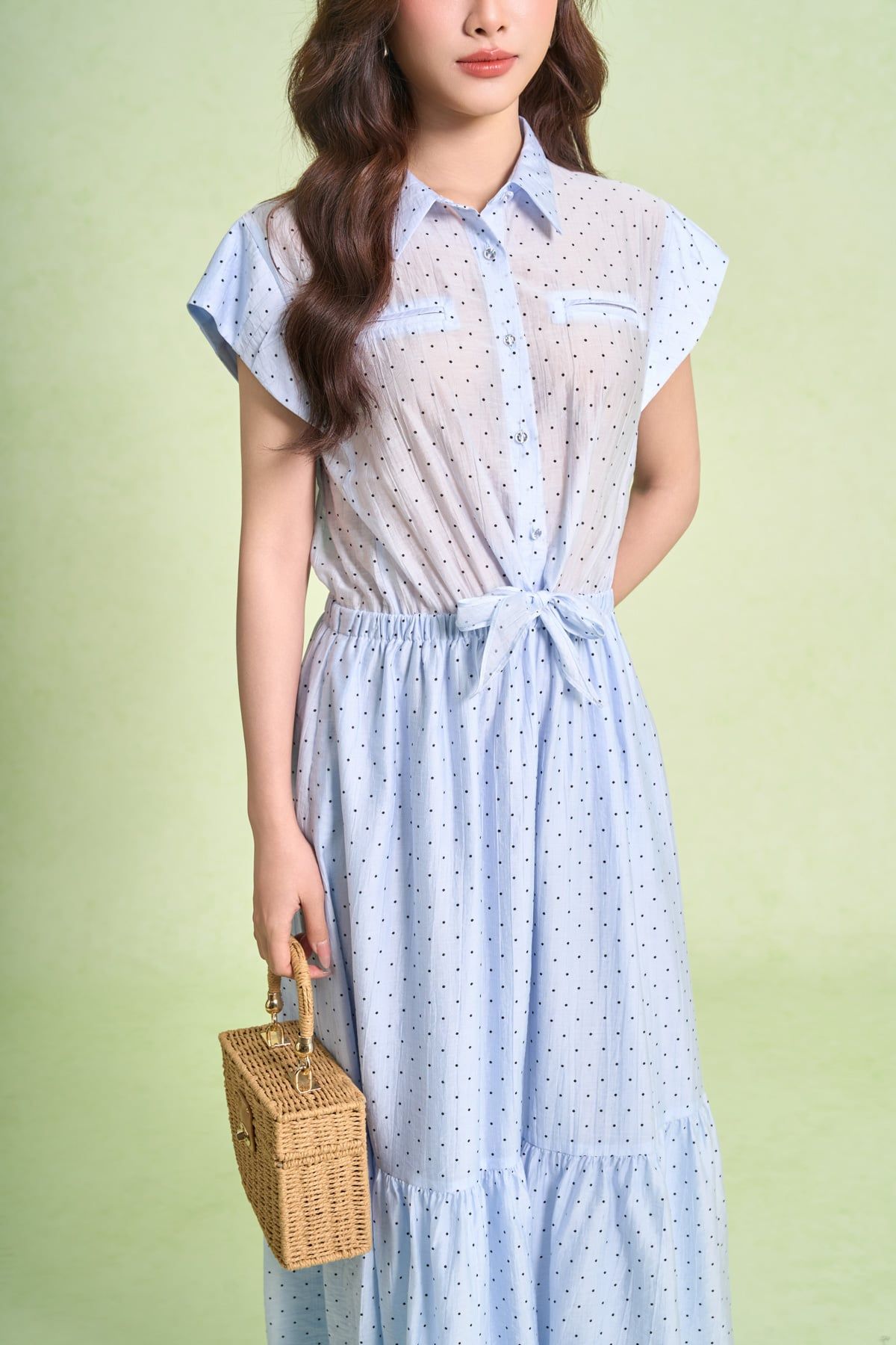 FDP33683 - Đầm dạo phố vải tơ nhăn dáng xoè cổ bẻ tay chờm eo váy bo chun ôm phối vạt thắt tạo kiểu - PANTIO