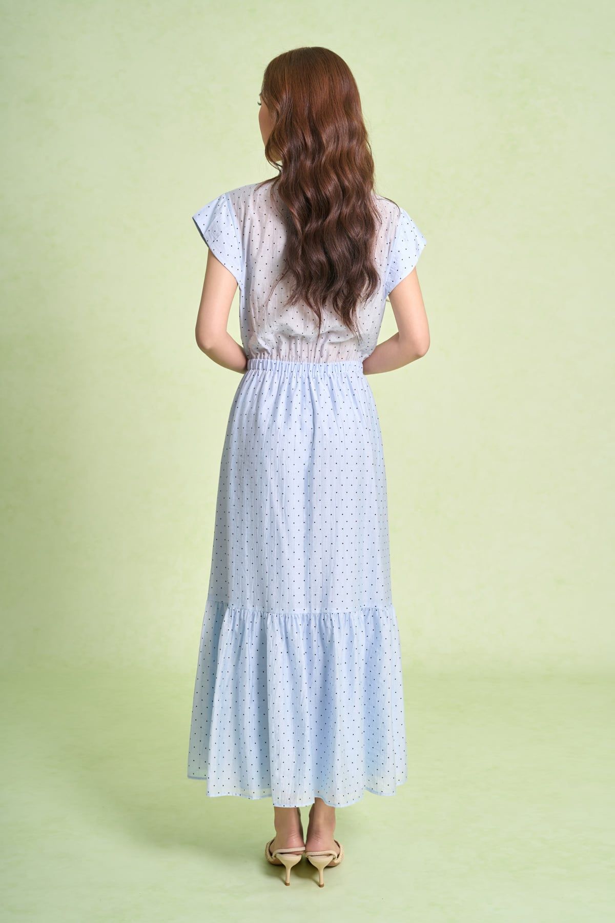 FDP33683 - Đầm dạo phố vải tơ nhăn dáng xoè cổ bẻ tay chờm eo váy bo chun ôm phối vạt thắt tạo kiểu - PANTIO