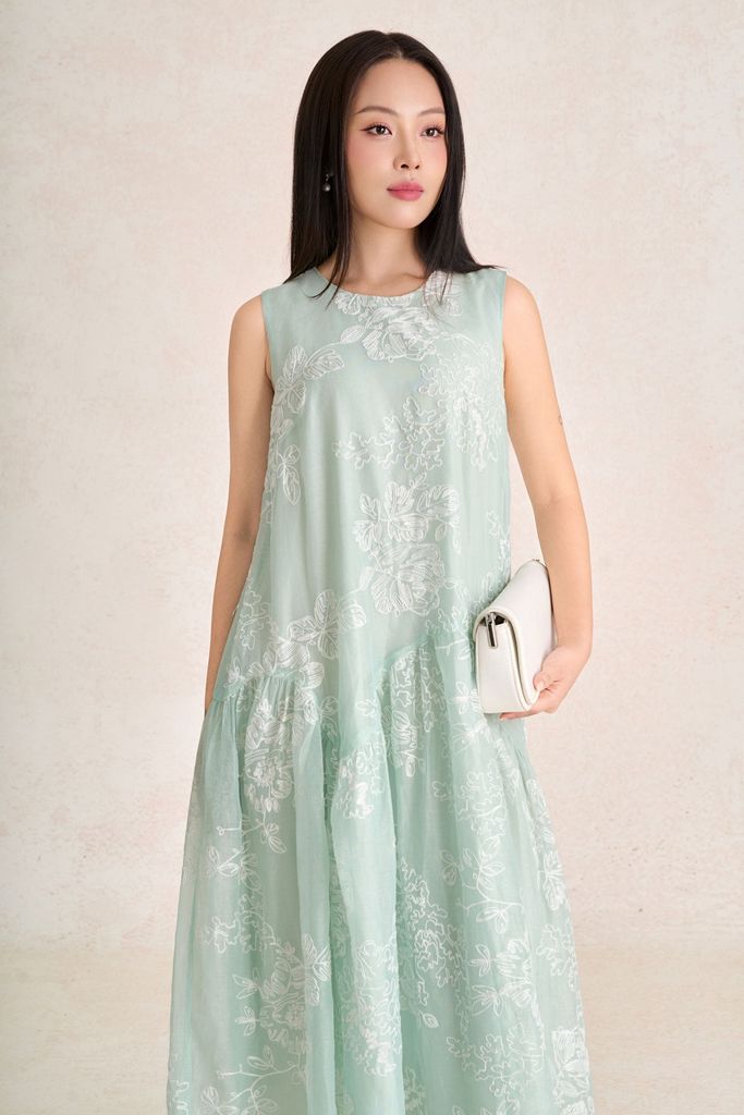 FDP33688 - Đầm dạo phố vải tơ dáng suông cổ tròn thân váy hoạ tiết hoa nổi thời trang - PANTIO