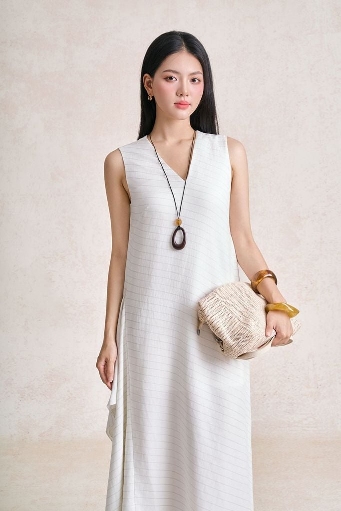 FDP33715 - tylekeo88 tv vải thô đũi dáng suông cổ xẻ V thân váy phối vạt cách điệu - tỷ lệ kèo 8899