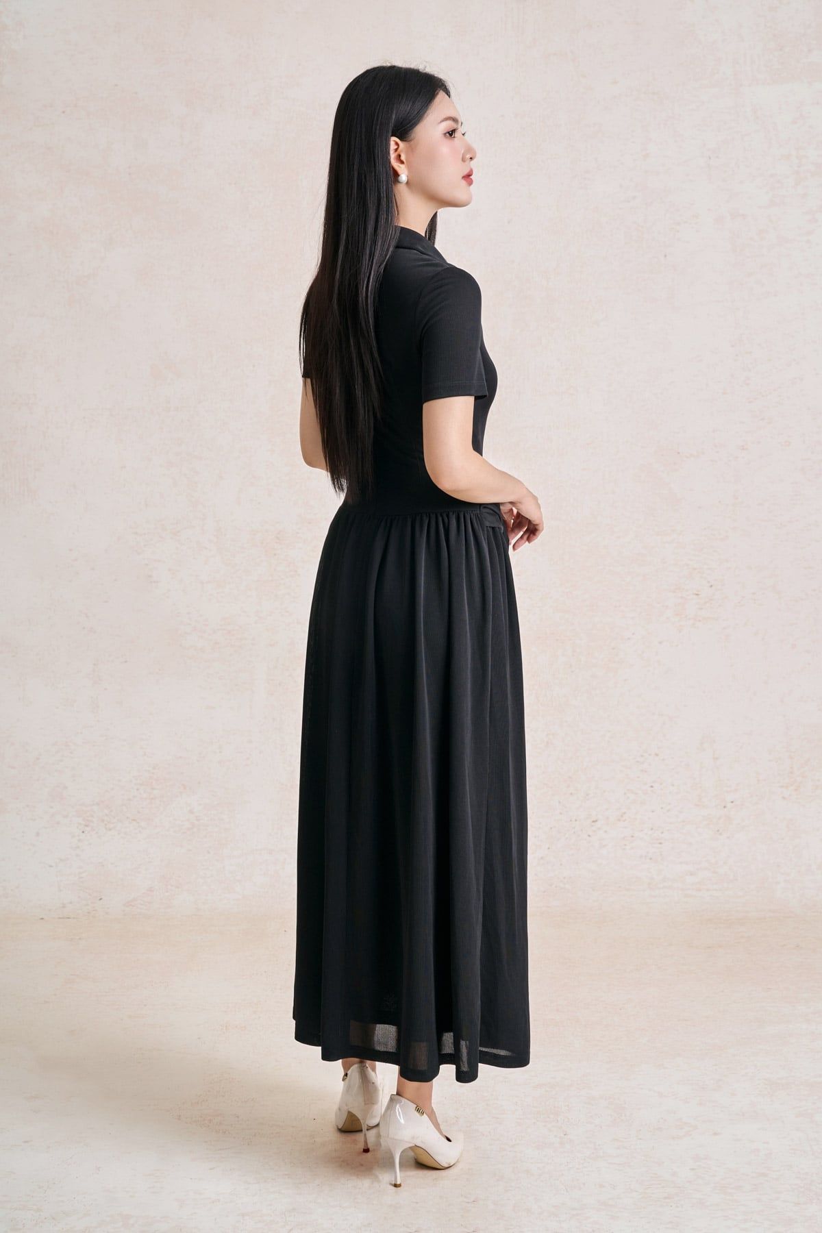 FDP33717 - tylekeo88 tv dệt kim dáng chữ A cổ bẻ tay cộc thân váy đính đá thời trang eo phối vạt thắt tạo kiểu - tỷ lệ kèo 8899