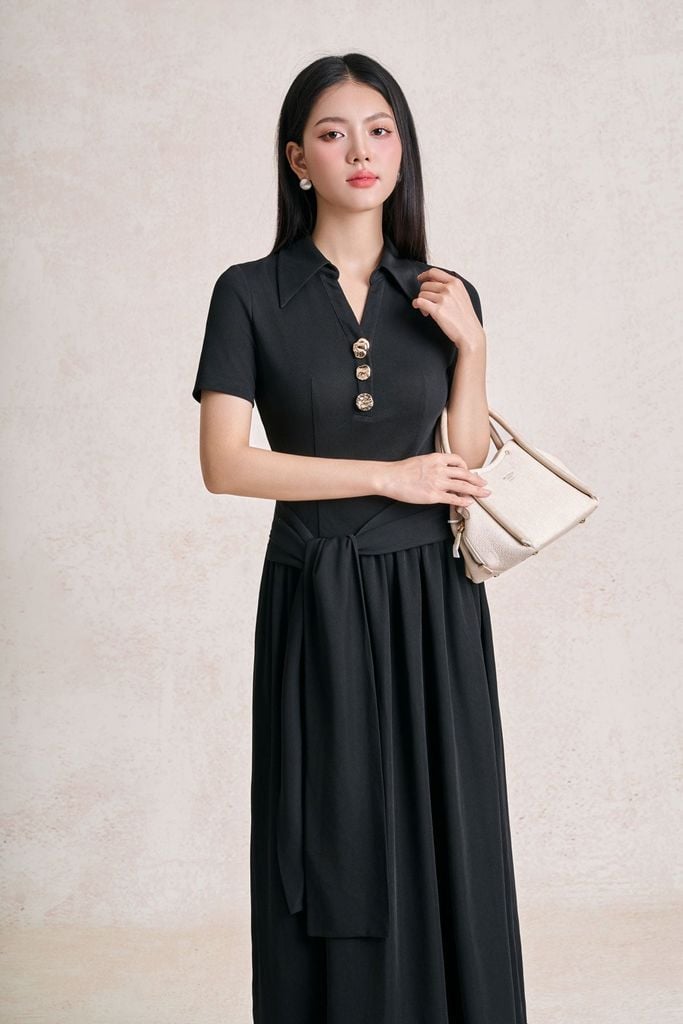 FDP33717 - tylekeo88 tv dệt kim dáng chữ A cổ bẻ tay cộc thân váy đính đá thời trang eo phối vạt thắt tạo kiểu - tỷ lệ kèo 8899