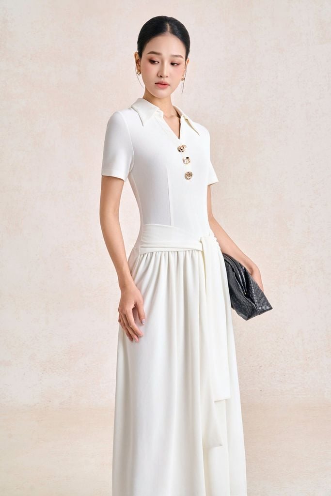 FDP33717 - Đầm dạo phố dệt kim dáng chữ A cổ bẻ tay cộc thân váy đính đá thời trang eo phối vạt thắt tạo kiểu - PANTIO