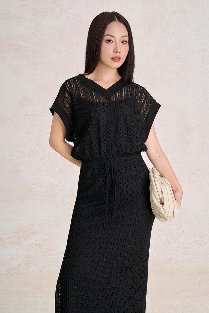FDP33718 - Đầm dạo phố vải len dáng chữ A cổ xẻ V tay chờm eo váy phối dây nơ rút tạo kiểu - PANTIO