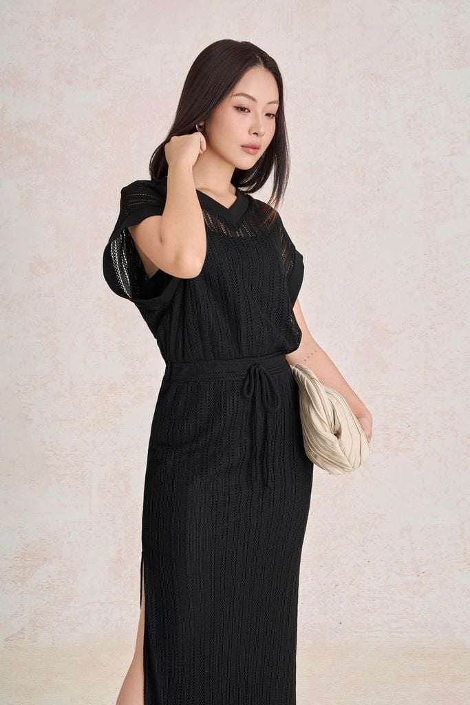 FDP33718 - Đầm dạo phố vải len dáng chữ A cổ xẻ V tay chờm eo váy phối dây nơ rút tạo kiểu - PANTIO