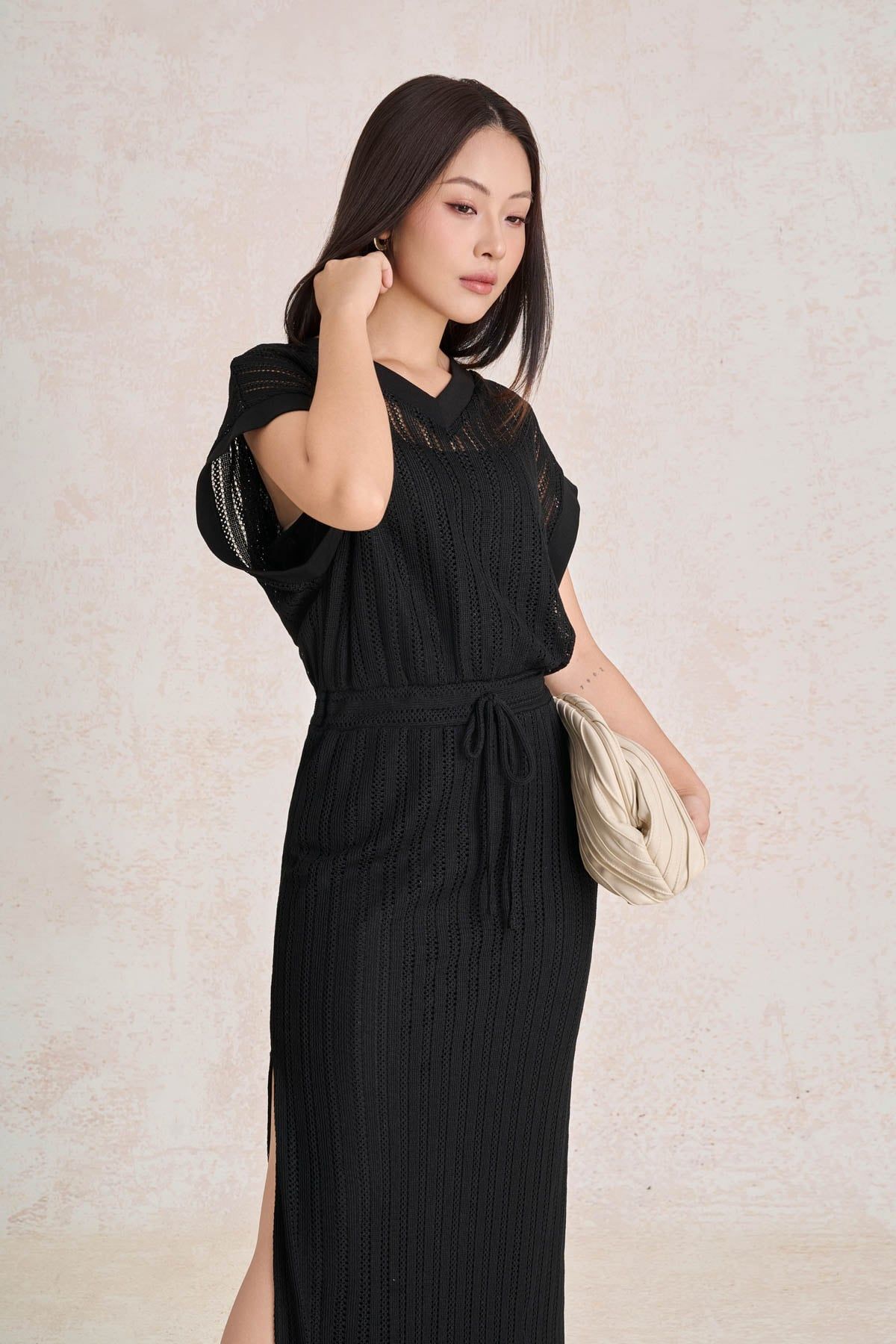 FDP33718 - Đầm dạo phố vải len dáng chữ A cổ xẻ V tay chờm eo váy phối dây nơ rút tạo kiểu - PANTIO