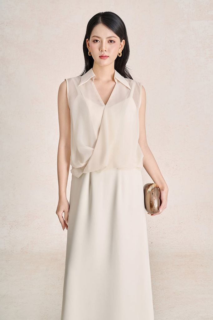 FDP33725 - Đầm dạo phố vải thô dáng chữ A cổ xẻ V thân váy phối tơ nhăn tạo kiểu khoá thân sau - PANTIO