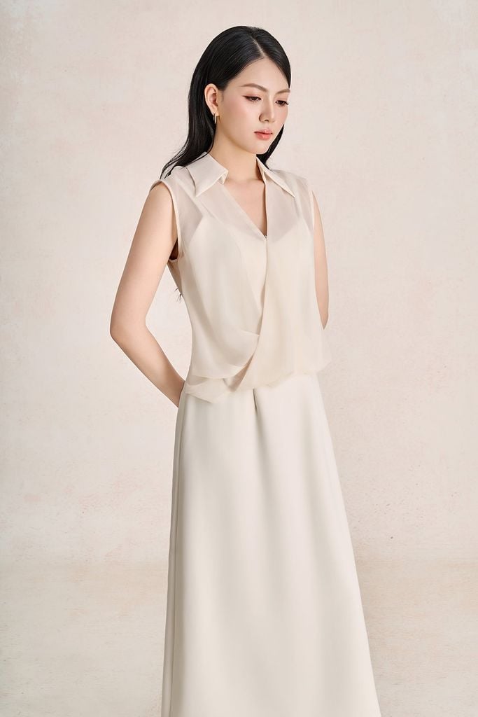 FDP33725 - Đầm dạo phố vải thô dáng chữ A cổ xẻ V thân váy phối tơ nhăn tạo kiểu khoá thân sau - PANTIO