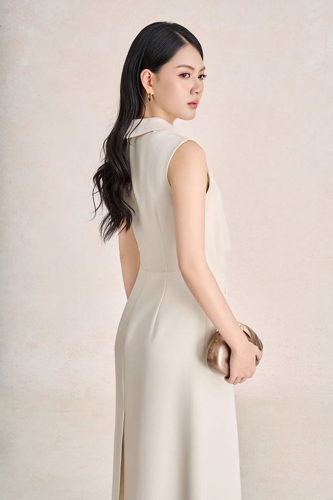 FDP33725 - Đầm dạo phố vải thô dáng chữ A cổ xẻ V thân váy phối tơ nhăn tạo kiểu khoá thân sau - PANTIO
